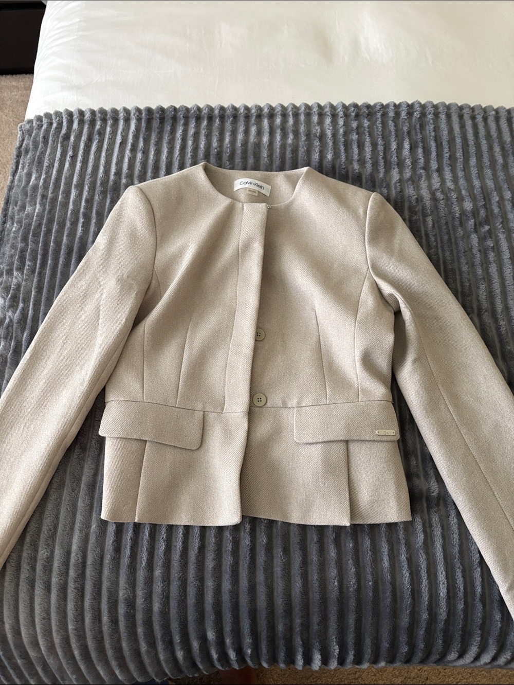 Calvin Klein Beige Collarless Tailored Jacket